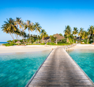 Holzsteg führt über türkisfarbenes Wasser zu einer tropischen Insel mit Palmen und Bungalows auf Fidschi.