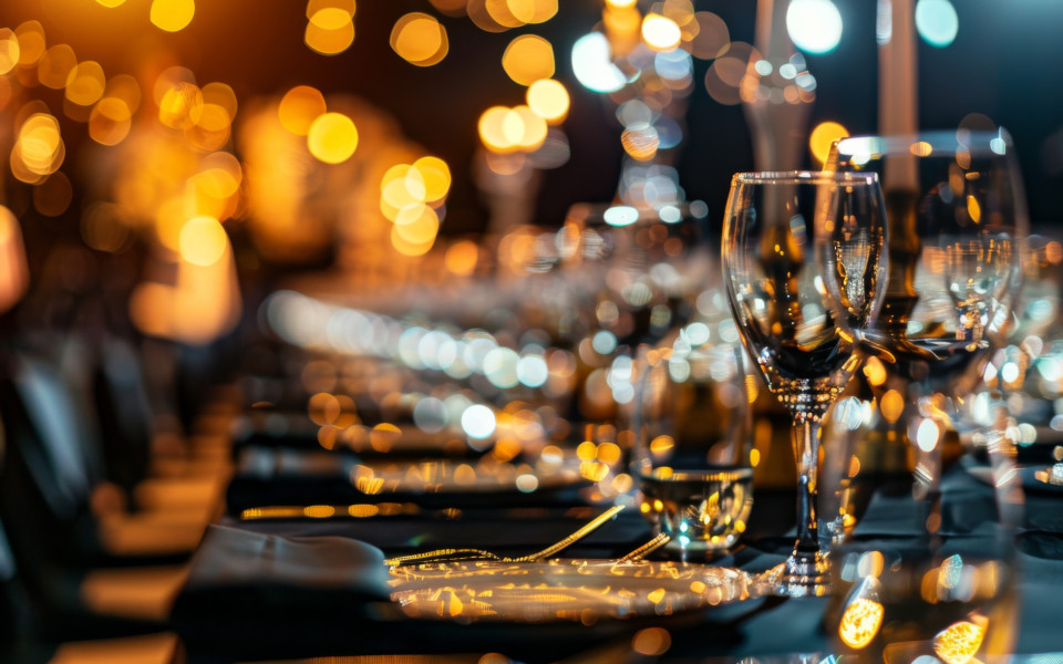 Elegantes Silvester-Dinner in einem festlich dekorierten Schlosshotel, mit edel gedeckter Tafel, funkelnden Gl&auml;sern und stimmungsvoller Beleuchtung.