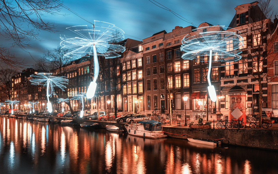 Leuchtende Kunstinstallationen in Form von Pusteblumen über einem Kanal in Amsterdam bei Nacht, mit reflektierenden Lichtern im Wasser und historischen Gebäuden im Hintergrund.